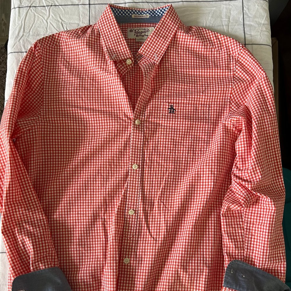 Penguin Checkered Button Down- Pink